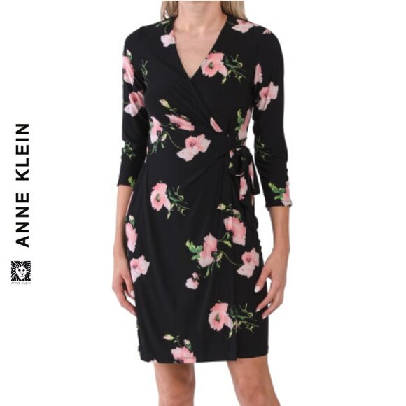 NWT Anne Klein Floral Print V-Neck Wrap Mini Dress - Picture 1 of 6
